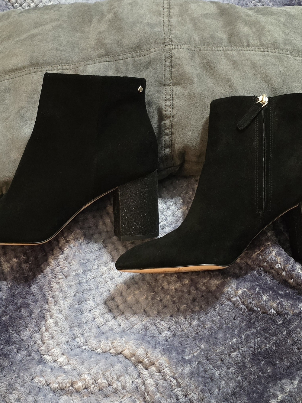 kate spade Black Suede Ankle Booties with Glitter Block Heel. - Picture 2 of 8